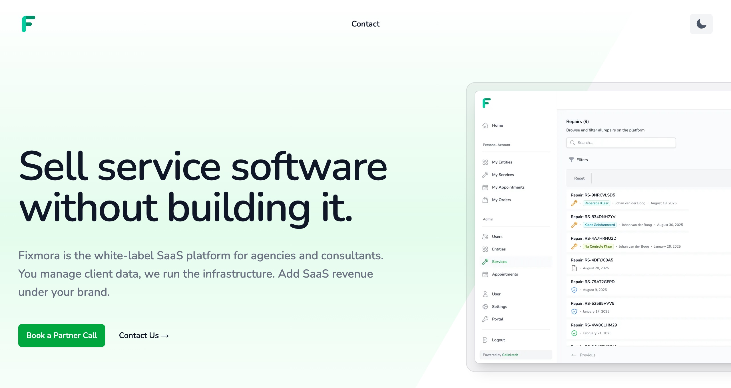 Fixmora landing page with the repairs dashboard